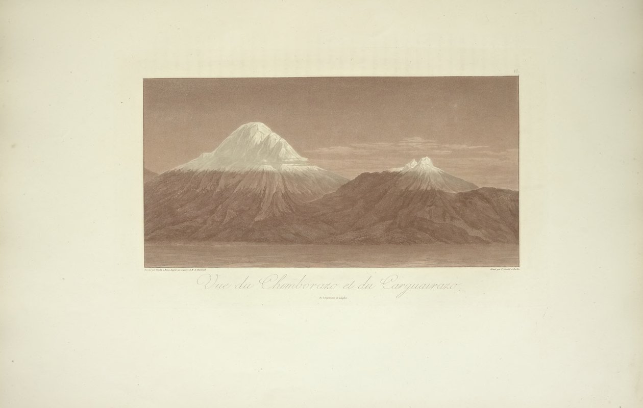 View of Chimborazo and Carguairazo, illustration from "Views of the Cordilleras and Monuments of the Indigenous Peoples of America" by Alexander von Humboldt and Aime Bonpland, 1813 by Baron Friedrich Alexander von Humboldt