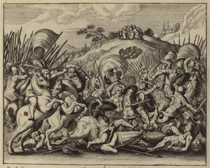 Joshua and the Israelites Defeating the Amalekites While Moses Prays on a Mountaintop