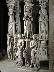 Detail of the Sculpted Groups Supporting the Chair: The Church Feeds Her Children and Two of the Four Cardinal Virtues