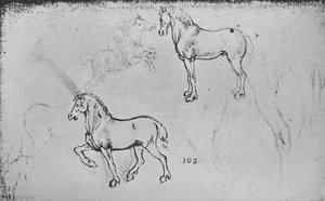 Two Studies of Horses, One of a Galloping Horseman and Others of Horses Legs
