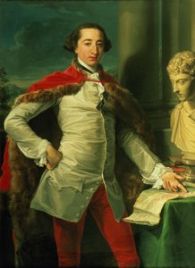 Portrait of a Gentleman, standing three-quarter length, Wearing a White Waistcoat, a Red Fur-Lined Cloak and Red Breeches, Pointing to a Map on a Table, with a Bust of Antoninus Beside Him