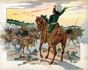 During the Russian campaign, Joachim Murat advanced alone against the Cossacks and placed them behind by his presence alone. Engraving by Jacques Marie Gaston Onfray de Breville